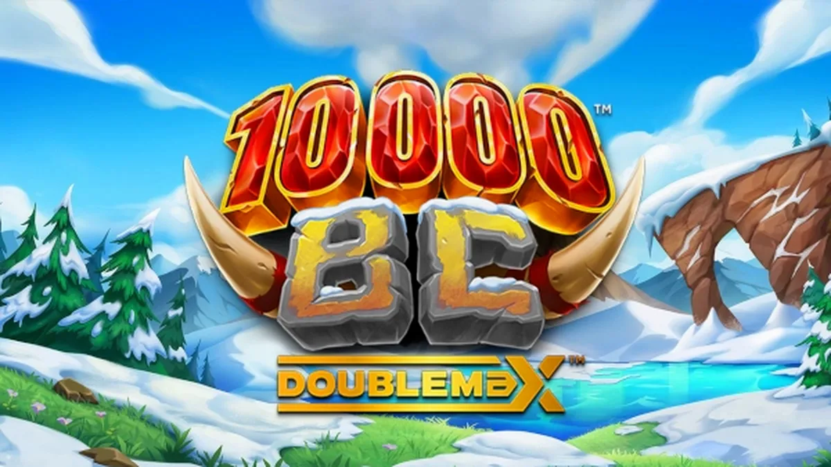 Interface do jogo 10000 BC DoubleMax com símbolos de animais pré-históricos e o medidor de multiplicador.