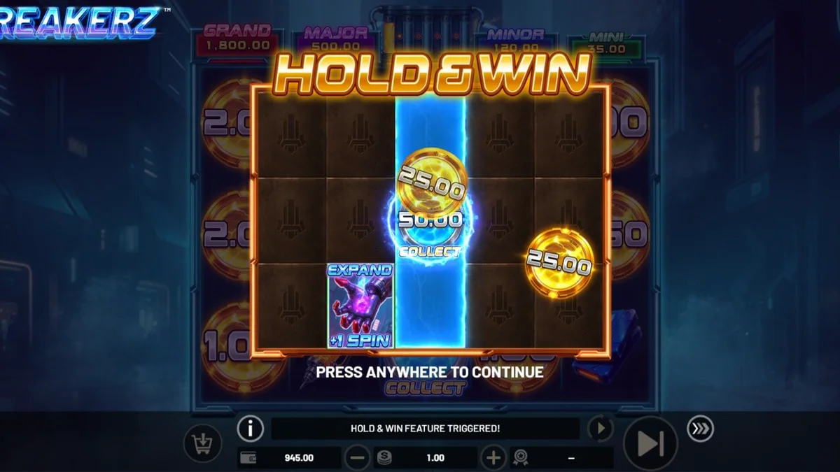 Interface do jogo de slot Breakerz com temática cyberpunk e luzes neon